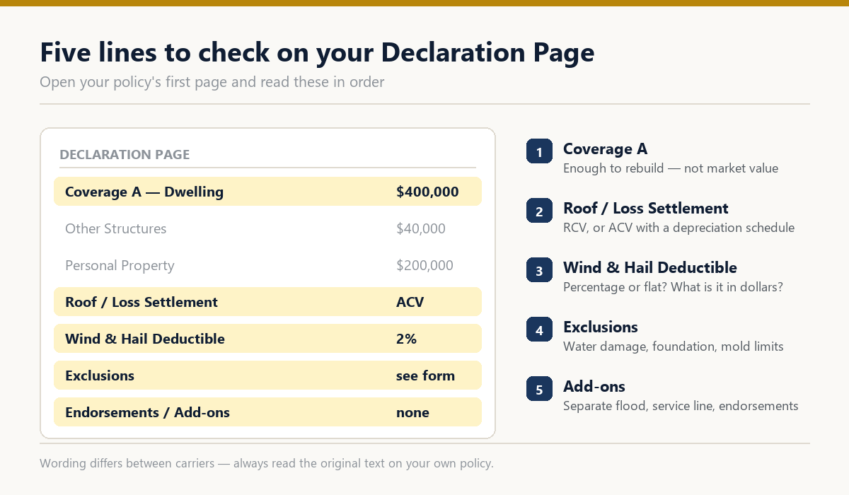 Declaration page checklist for Texas home insurance coverage